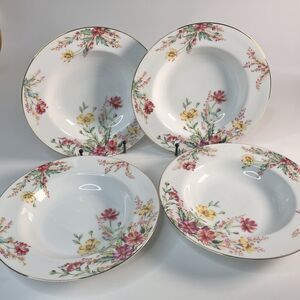 Vtg Lot 4 Kent China Springfield Cereal Soup Bowls 8.5” Gold Trim Floral Spring